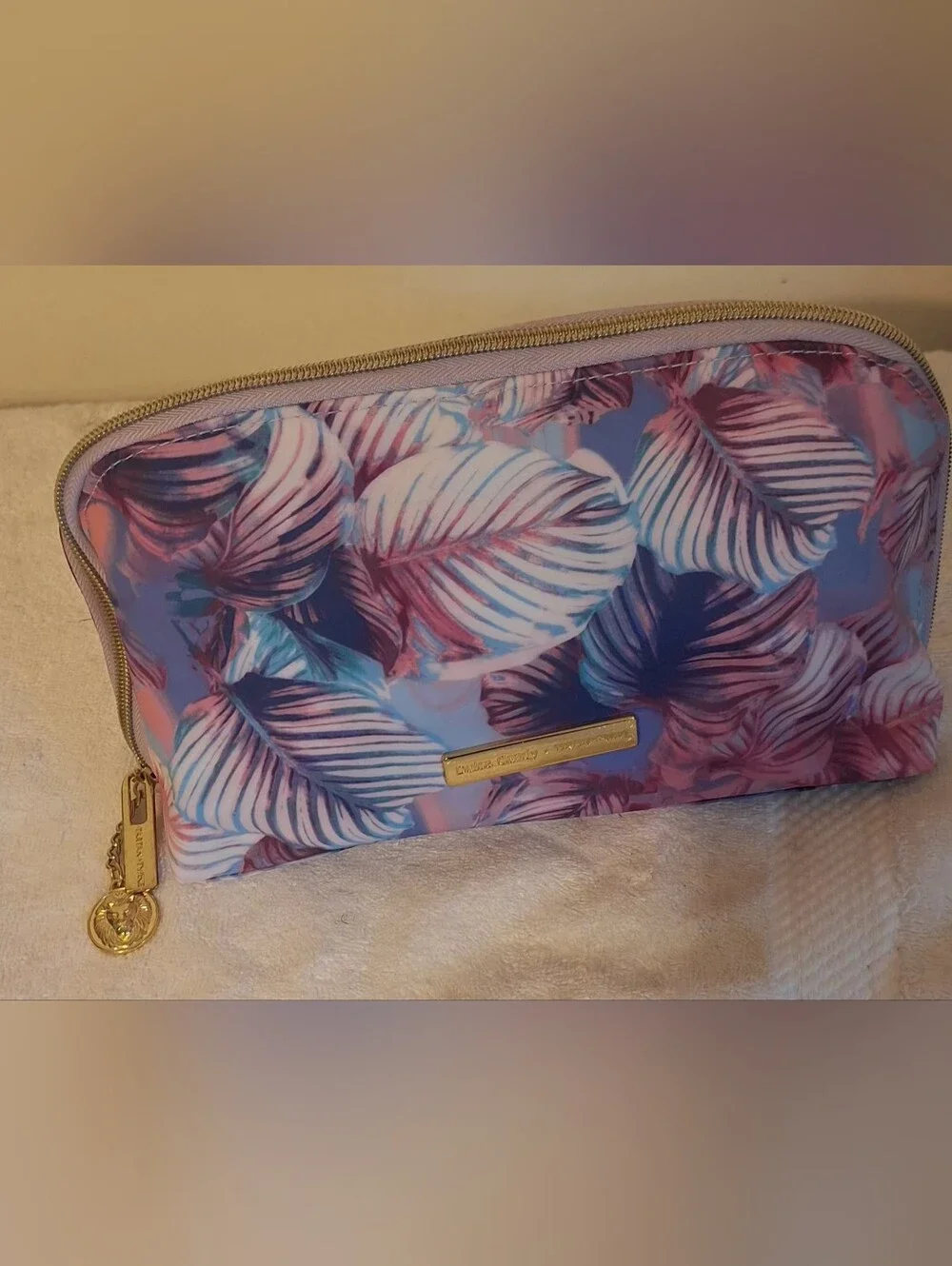 Dulce Candy Tartan Twain 5g Tropical Leaf Cosmetic Pouch - Pink & Blue